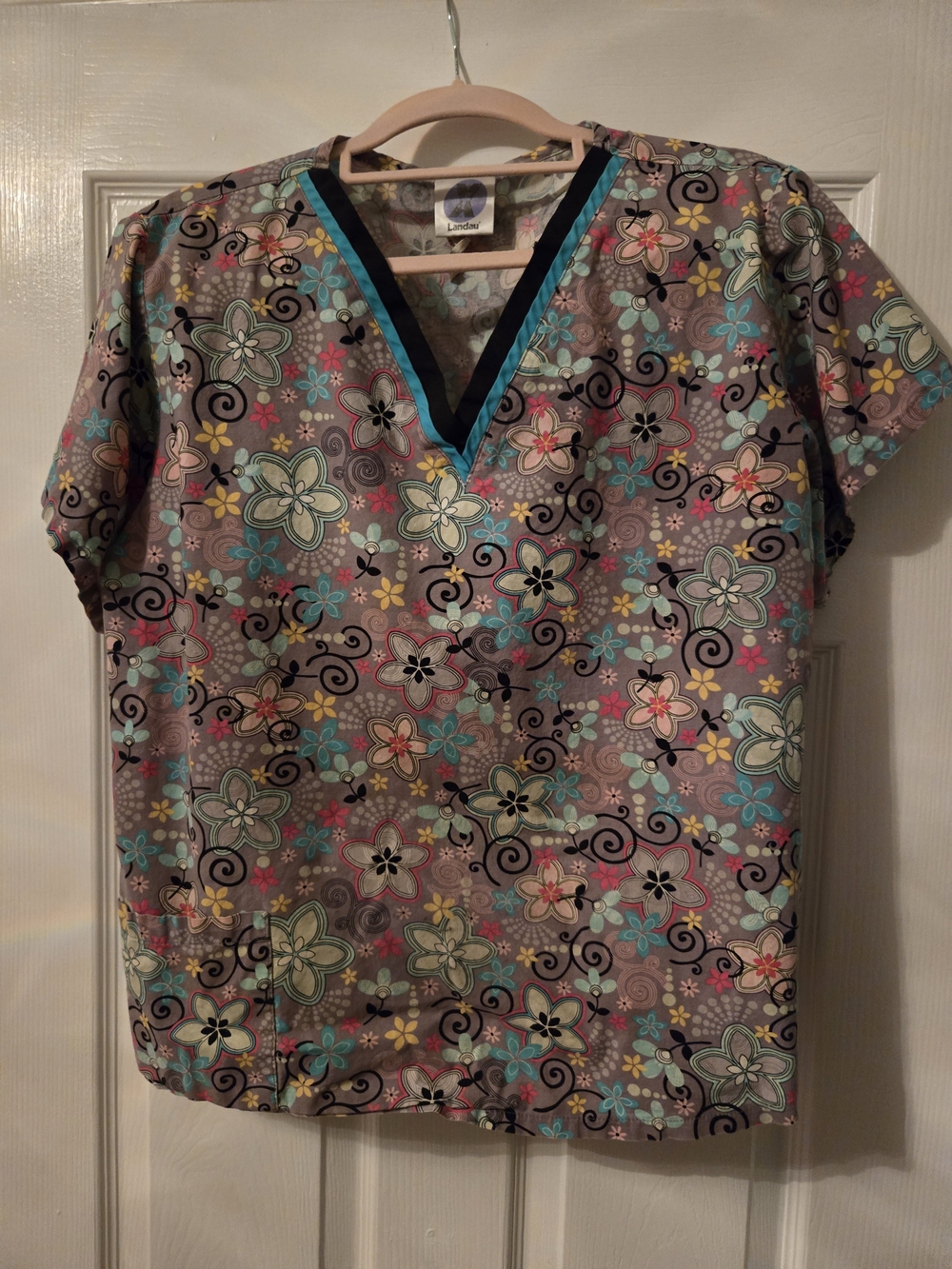 Landau Gray Floral Button Down Scrub Top with Teal Trim